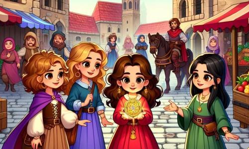 Cuatro chicas, de unos 10 años, están en el centro de una animada plaza medieval. Sofía, con largos cabellos castaños y un vestido rojo, mira un misterioso objeto brillante en su mano. A su derecha, Valentina, con cabello rubio y rizado, lleva una túnica azul y sonríe emocionada. A la izquierda, Martina, con cabello castaño y un vestido verde, señala a un grupo de caballeros a caballo. Por último, Lucía, con cabello negro y liso, vestida con un vestido violeta, observa con cautela, con los brazos cruzados. La escena tiene lugar en una plaza medieval adoquinada, rodeada de edificios de piedra con techos de tejas rojas, con coloridos puestos de frutas y telas brillantes. Banderas ondean al viento y personas con trajes de época se mueven, creando un ambiente animado y alegre. Las chicas acaban de descubrir un antiguo y misterioso objeto, un magnífico reloj de sol de oro, que parece brillar con una luz mágica. Están a punto de embarcarse en una aventura para ayudar a una princesa a encontrar su valioso anillo perdido, mientras exploran este fascinante mundo del pasado.