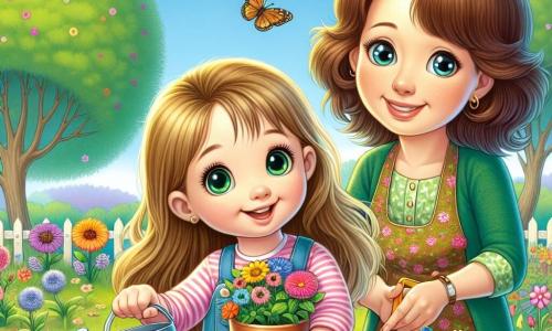 Ein 10-jähriges Mädchen, Lena, mit langen blonden Haaren und neugierigen, strahlenden Augen, steht im Mittelpunkt des Bildes. Sie lächelt fröhlich, hält eine kleine Schaufel und einen bunten Blumentopf, bereit, Blumen im Garten zu pflanzen. Neben ihr ermutigt ihre Mama, eine Frau in den Dreißigern mit braunen Haaren und einem warmen Lächeln, sie mit einem stolzen Blick und hält eine Gießkanne. Der Garten ist ein sonniger, lebendiger Ort, gefüllt mit frisch umgegrabener brauner Erde, bunten Blumen, die zu blühen beginnen, und grünen Bäumen im Hintergrund. Schmetterlinge fliegen um sie herum und verleihen der Szene einen Hauch von Magie. Die Hauptsituation zeigt Lena und ihre Mama beim gemeinsamen Pflanzen von Blumen, was den Beginn des Frühlings und die Freude symbolisiert, etwas Schönes zu schaffen.