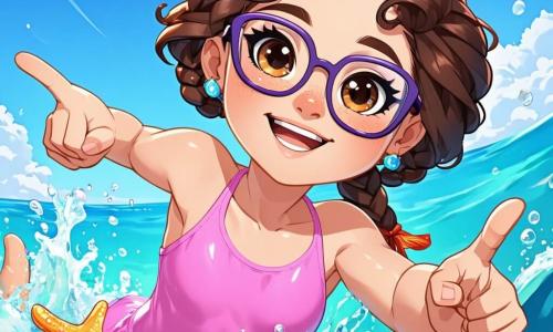 Ci sono 3 personaggi: - Alice: una ragazza di 9 anni, con capelli ricci castani e occhi scintillanti. Indossa un costume da bagno rosa e nuota con entusiasmo, un grande sorriso sul volto. - Giulia: una ragazza di 8 anni, con capelli biondi intrecciati e occhiali tondi. Sta indicando una bella stella marina, vestita con un costume da bagno blu. - Chiara: una ragazza di 9 anni, con capelli castani e occhiali da sub sulla fronte. Ha una coda di sirena scintillante e osserva attentamente i pesci colorati, indossando un costume da bagno verde. L'ambientazione è un magnifico regno sottomarino, pieno di coralli multicolori e pesci esotici. I raggi di luce filtrano attraverso l'acqua cristallina, illuminando la scena con una dolce luce blu. Sullo sfondo si vede un grande castello di corallo, adornato di perle brillanti e circondato da creature marine gioiose. La situazione principale mostra le tre amiche, trasformate in sirene, che esplorano con meraviglia il loro nuovo ambiente sottomarino. Nuotano insieme, scoprendo meraviglie marine, ridendo e meravigliandosi dei tesori nascosti del fondo dell'oceano.