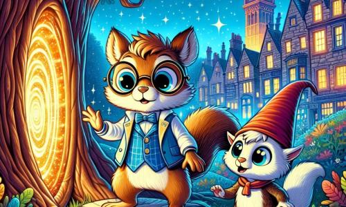 A squirrel named Jasper, dressed in a small blue vest and wearing round glasses, stands on a stone at the base of a large oak tree. His face shows determination and wonder as he observes a magical glow emanating from a shimmering portal at his feet. Next to him, a mischievous gnome named Finnegan, with a red beard and a pointed hat, looks at the portal with wide eyes, his expression a mix of curiosity and surprise. In the background, the urban landscape of Eldenborough unfolds, featuring stone houses with colorful roofs, a twilight sky dotted with twinkling stars, and the majestic town clock glowing softly. The main scene depicts Jasper and Finnegan closing a magical portal, surrounded by swirling leaves and an enchanted atmosphere.