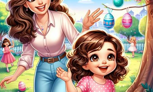 Una niña de 2 años, Ana, con grandes ojos brillantes y cabello rizado castaño, lleva un vestido rosa con lunares blancos. Sonríe con asombro, levantando los brazos al aire, llena de alegría al descubrir huevos de colores colgados de un gran árbol. A su lado está su mamá, una mujer de unos 30 años, con cabello largo y liso, que lleva una blusa ligera y pantalones de mezclilla. Sonríe tiernamente a Ana, agachándose para animarla a buscar los huevos. El escenario es un parque soleado, lleno de flores coloridas, globos flotantes y un cielo azul claro. Al fondo, otros niños juegan y ríen, añadiendo un ambiente festivo a la escena. La situación principal muestra a Ana y su mamá en plena búsqueda de huevos de Pascua, con huevos multicolores escondidos en la hierba y colgados de las ramas del árbol, creando una atmósfera alegre y mágica.