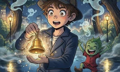 Un niño de 10 años, Mateo, con expresión valiente y maravillada, ojos grandes, cabello castaño despeinado, chaqueta azul marino y sombrero de detective, sostiene una pequeña campana mágica dorada que brilla entre sus manos mojadas; a su derecha salta Pipo, un duende verde y alegre de orejas puntiagudas y ropas rojas gastadas, mientras pequeños Mistral, fantasmas translúcidos y juguetones, flotan detrás entre los árboles. La escena ocurre en un estanque nocturno de un parque urbano: agua oscura y espejo, bruma plateada, troncos nudosos y edificios lejanos con reflejos dorados de farolas; gotas salpican al sacar la campana del fondo y una luz mágica la ilumina todo, creando una atmósfera misteriosa pero cálida. Estilo gráfico: manga infantil, líneas definidas, colores contrastados (azul noche, verde esmeralda, oro), iluminación dramática y texturas visibles.