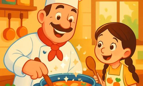 Un cuoco felice, Martino, un uomo di circa quarant'anni, indossa un grande cappello bianco e una giacca da chef brillante. Il suo viso è illuminato da un ampio sorriso e i suoi occhi brillano di gioia mentre mescola una grande pentola di zuppa colorata. Accanto a lui, Sofia, una bambina di 8 anni con lunghe trecce castane, osserva con meraviglia. Indossa un grembiule a fantasia di frutta e tiene un cucchiaio di legno, pronta ad aiutarlo. La scena si svolge in una cucina accogliente, piena di pentole colorate, verdure fresche sul piano di lavoro e luce dorata che filtra da una finestra. Martino e Sofia stanno preparando una zuppa magica, aggiungendo ingredienti colorati con entusiasmo, mentre risate risuonano nell'aria.