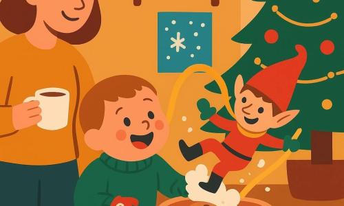 A 2-year-old boy with a round face, rosy cheeks and bright eyes laughs with a joyful, amazed expression as he leans toward a large cookie bowl on a low table; he wears a green knitted sweater, red pants and mittens with candy canes and sits on the rug in front of a Christmas tree. A slender, mischievous Christmas elf with a pointed red hat and flour on his nose slides down a gold ribbon and falls into the cookie bowl in a puff of flour. A mother in her 30s with chestnut hair and a warm smile stands left of the table holding a mug of hot chocolate and watches tenderly. Cozy living room with a large tree decorated with red baubles and lights, wooden shelves with decorations, warm lighting and windows with drawn snowflakes. A sweet, funny moment with clear composition, bright flat colors, simple shapes, soft contrasts and a warm, festive atmosphere.