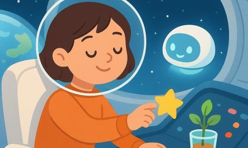 Luna, joven y serena, cabello castaño corto y casco transparente, sentada en un gran asiento blanco, pega una pequeña estrella adhesiva amarilla en el tablero; la nave Pipa, una lanzadera redonda blanca con luces azul pálido y un pequeño “rostro” luminoso que vibra junto al tablero, emite luces tranquilizadoras; una plantita en un vaso sobre la consola mira la ventana y recibe una miga; interior de un cockpit redondo y limpio con botones coloridos, grandes ventanas ovales muestran un brillante anillo de hielo blanco-azulado, estrellas y la Tierra en el horizonte; escena de viaje espacial calmado, atmósfera suave en colores pastel, estilo vectorial sencillo apto para niños pequeños.
