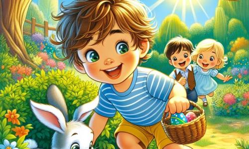 Un bambino di 2 anni di nome Leo, con capelli castani arruffati e occhi pieni di curiosità, è accucciato in un giardino soleggiato, alla ricerca di un uovo di Pasqua. Indossa una camicia a righe blu e un pantaloncino giallo, e il suo viso esprime grande gioia ed eccitazione. Accanto a lui, un adorabile coniglietto dalle grandi orecchie e dal pelo bianco e morbido osserva Leo con un’espressione amichevole, pronto ad aiutarlo nella sua ricerca. Più avanti, il suo amico Tommaso, un bambino di 3 anni con capelli biondi e occhiali tondi, sorride indicando un cespuglio, incoraggiando Leo a seguirlo. Il giardino è pieno di fiori colorati, farfalle svolazzanti e un grande albero maestoso le cui branche si estendono ampiamente, creando un'atmosfera magica e gioiosa. La scena principale mostra Leo, tutto eccitato, mentre fruga sotto un cespuglio, scoprendo un uovo di Pasqua brillante e colorato, mentre Tommaso e il coniglietto lo incoraggiano con entusiasmo.