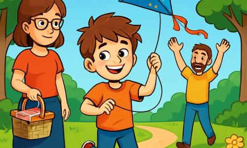 A 12-year-old boy named Max, with messy brown hair and sparkling curious eyes, stands in the center of the image, a shy smile on his face, holding a blue kite decorated with stars. Next to him is his mother, a woman in her thirties with brown hair and glasses, smiling warmly while holding a picnic basket. A little further away, his father, a man with short hair and a light beard, raises his arms in the air, encouraging Max to fly his kite. The scene takes place in a green park, with large leafy trees and a bright blue sky dotted with a few white clouds. The grass is a vivid green, and colorful flowers line the path. The main situation shows Max, beaming with joy, running through the park as the kite soars high in the sky, while his parents watch him with pride and love, creating an atmosphere of family happiness despite changes in their lives.