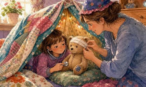 An 8-year-old girl with a round freckled face, short brown hair, tired sweet eyes and a shy smile is tucked under blankets playing doctor with a small plastic stethoscope. Her mother, about 35, brown hair in a bun, benevolent gaze and attentive posture wears a funny hat and adjusts a fabric bandage on a teddy bear beside the bed, standing by the blanket-fort. Mr. Buttons, a beige teddy with a visible seam and improvised cloth bandage, sits on a cushion in the center of the fort. The small, bright room has pastel walls, floral curtains, a blanket-and-cushion fort like a little tent, a window with soft sunlight and a potted plant on the sill. The scene is warm and comforting as the girl gently cares for her toys, with visible fabric textures, a few crumbs on the blanket, and soft light filtering through the window.