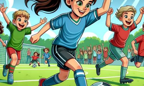 Im Zentrum des Bildes dribbelt Mia, ein 14-jähriges Mädchen, einen Fußball auf einem grünen Spielfeld. Sie hat lange braune Haare zu einem Pferdeschwanz gebunden, trägt ein blaues Trikot und schwarze Shorts und zeigt mit einem großen Lächeln ihre Leidenschaft und Entschlossenheit. Rechts von ihr steht Tom, ihr bester Freund, ebenfalls 14 Jahre alt, mit blonden Haaren und einem roten Trikot. Er feuert sie enthusiastisch an und hebt die Arme in die Luft, bereit, ein Tor zu feiern. Links bereitet sich Lisa, eine 13-jährige Freundin mit lockigen Haaren und einem grünen Trikot, darauf vor, den Ball zu empfangen, ihre Augen glänzen vor Aufregung. Das Spielfeld ist von Zuschauern umgeben, darunter Kinder und Eltern, die applaudieren und die jungen Spieler anfeuern. Im Hintergrund sind grüne Bäume und ein blauer Himmel mit einigen weißen Wolken zu sehen. Die Szene strahlt eine fröhliche und dynamische Atmosphäre aus, die den Geist des Spiels und der Freundschaft einfängt. Mia ist dabei, den Ball an Lisa zu passen, was den entscheidenden Moment der Zusammenarbeit und Teamarbeit im Fußball zeigt.