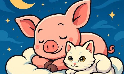 Um pequeno porquinho rosa com grandes orelhas, chamado Anil, está deitado em uma suave nuvem branca, com um sorriso sereno no rosto. Seus olhos brilham de curiosidade e tranquilidade, enquanto ele fecha suavemente as pálpebras, pronto para mergulhar em um sonho. Ao seu lado, um gatinho branco com olhos dourados, com um pelo sedoso, ronrona suavemente, aconchegando-se contra Anil, emitindo um calor reconfortante. O céu é de um azul profundo salpicado de estrelas cintilantes, e uma brisa suave faz os nuvens dançarem ao seu redor. A cena é envolta em um leve véu de luz dourada, criando uma atmosfera mágica e relaxante. Anil e o gatinho se preparam para dormir juntos, embalados pelo suave sussurro do vento e a promessa de sonhos encantadores.