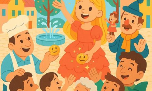 Princesa Amora, menina de rosto radiante e sorriso largo, cabelos amarelos, pequena coroa rosa, vestida com vestido coral de folhos, ergue a mão e distribui pãezinhos sorridentes dourados que brilham; Mordiscão, pequeno duende de orelhas em folha e pele verde-clara, olhos maliciosos, escondido num grande vaso perto do palco, aplaude com migalhas no canto da boca; Señor Pompom, adulto e mestre de marionetes, nariz redondo e vermelho, chapéu móvel, na multidão segurando uma marionete de Amora que acena; um padeiro de cerca de 40 anos, com grande avental enfarinhado, oferece um pão a uma menina; praça central de Risolândia com paralelepípedos brilhantes, bandeirinhas coloridas, fonte redonda, árvores com folhas como confetes e casas de telhados cor de marmelada; cena: saudação matinal da princesa enquanto pãezinhos luminosos caem nas mãos dos aldeões, ambiente alegre e animado, cores vivas e composição centrada em Amora e na multidão sorridente.
