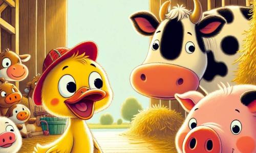 Un'anatra felice di nome Pippo, con un piumaggio giallo brillante e un piccolo cappello rosso, si trova al centro della scena, sorridente e curioso, pronto a esplorare il fienile. Alla sua destra, una mucca di nome Matilde, con macchie bianche e nere, guarda Pippo con aria divertita, le orecchie grandi in alto. A sinistra, un piccolo maialino rosa di nome Tito, con guance rotonde e un sorriso malizioso, salta di eccitazione. Il fienile è un luogo caldo e accogliente, con travi in legno rustico, balle di fieno impilate e una luce soffusa che filtra dalle aperture. La scena principale mostra Pippo, Matilde e Tito che esplorano il fienile, scoprendo un'ombra misteriosa che si rivela essere il gatto Leo addormentato, creando un momento di sorpresa e risate.