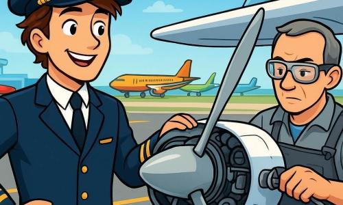 Mężczyzna-pilot w wieku około trzydziestu lat, w nienagannym granatowym mundurze i czapce ozdobionej złotymi elementami, uśmiecha się pewnie i entuzjastycznie. Jego brązowe włosy są lekko rozczochrane przez wiatr, a oczy błyszczą ekscytacją, gdy sprawdza swój samolot. Obok niego stoi mechanik w wieku około 50 lat, w szarej kombinezonie i okularach ochronnych, uważnie badający silnik, skoncentrowany i poważny. W tle rozciąga się pas startowy pod jasnoniebieskim niebem z kilkoma białymi, puchatymi chmurami, podczas gdy błyszczące, kolorowe samoloty są zaparkowane na ruchliwym lotnisku. Główna sytuacja pokazuje pilota i mechanika wykonujących ostatnie kontrole przed startem, tworząc atmosferę przygotowania i radosnej anticipacji.