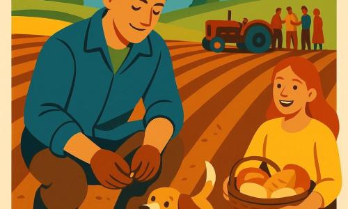 A young man, Owen, stands in a field with his hands covered in soil, wearing a serene and determined smile. He is wearing worn boots and a jacket that smells of hay, planting seeds in the ground. Next to him, Pip, a joyful farm dog, wags his tail enthusiastically. Maya, a 12-year-old girl, sits nearby holding a basket filled with bread and cheese, her face beaming with joy. The field stretches as far as the eye can see, with neatly aligned rows of freshly turned soil bathed in the soft morning light. In the distance, an old tractor is visible, surrounded by a few villagers who are chatting and laughing together. The main scene shows Owen and Pip working together, illustrating the harmony between man and nature in a peaceful rural setting.