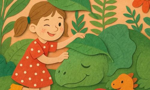 Ragazza di 6 anni, felice e maliziosa, capelli castano chiaro in codini e viso con lentiggini, che posa una grande foglia verde come cappello sulla testa di un T‑rex addormentato; indossa un vestito rosso a pois bianchi e stivaletti gialli, inginocchiata su un tappeto d'erba gigante; vicino a lei Pongo, un piccolo dinosauro paffuto e maculato simile a un cucciolo di triceratopo, gioca spingendo una grande palla rossa; la scena in una radura preistorica lussureggiante con foglie verde smeraldo, felci oversize, fiori effetto carta sovrapposta e cielo rosa‑arancione; la bambina fa un occhio e Pongo ride mentre il T‑rex dorme con un'aria comica; texture in stile ritagli di carta con bordi bianchi, ombre semplici e colori vivaci e contrastati.
