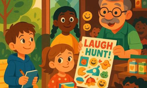 Four characters: Milo, an 8-year-old boy with short messy brown hair wearing a blue hooded jacket holding a notebook and pencil, standing left in front of the kiosk smiling curiously at the poster; Sana, an 8-year-old girl with black hair in two braids wearing a bright yellow sweater with hands on hips, standing beside Milo with a kind, sparkling look; Lina, an 8-year-old girl with light chestnut hair in a ponytail wearing a red polka-dot dress holding a colorful joke booklet, standing center near the kiosk, shy but proud; and Mr. Patch, about 50, with a gray brush mustache, round glasses and a green striped apron behind the kiosk counter on the right, handing out a jokes poster and smiling warmly. Setting: a small neighborhood kiosk under a red-and-white striped awning with a glass display of juice boxes and a colorful poster on the pane, a yellow bench nearby, round-leaf trees and wildflowers, clean paved ground. Main scene: a joyful poster reveal—children hold a large "LAUGH HUNT!" poster full of drawings and jokes with round laughing-face stickers around it while other kids laugh in the background, soft afternoon light, saturated colors, crisp outlines, composition centered on the kiosk and expressive faces.