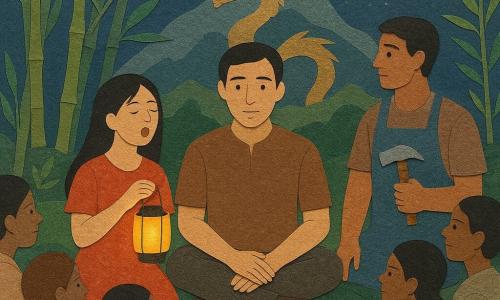 A man named Minh with a gentle face and attentive eyes sits at the center of a circle, serene and determined, hands on his knees; to his left a 16-year-old girl named Lan with long black hair and a simple colored dress softly sings while holding a small lantern; to his right an 18-year-old boy named Tien, broad-shouldered with a folded blacksmith's apron, watches the forest edge holding a small shiny hammer; villagers sit around them on cut bamboo leaf mats, curious and attentive; the setting is a bamboo grove under a silver crescent moon with textured paper-like green stalks and rustling leaves, mossed ground and silvered shadows, and a layered paper mountain in the background suggesting a dragon in gold and blue—a magical nighttime gathering of warm lantern light, green-and-silver contrasts, and a reassuring sense of attentive mystery.
