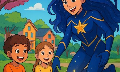 Astra Nova, a superheroine, is a woman with long, shimmering hair like the starry sky, wearing a midnight blue costume adorned with golden patterns. She exudes an aura of determination and joy, her eyes sparkling with excitement as she leans toward a group of children. A curly-haired boy, around 8 years old, looks at Astra with admiration, pointing at a glowing crater in the ground. A 7-year-old girl with braids and a wondrous smile stands beside him, arms crossed, captivated by the magic of the scene. The setting is a peaceful neighborhood in the city of Lumina, with colorful houses and blooming trees, under a clear blue sky. In the center, a small crater shines with a golden light, surrounded by sparkling stardust. The main scene shows Astra Nova, smiling and full of energy, making the crater glow with her stellar magic, illuminating the amazed faces of the children around her, creating an atmosphere of joy and discovery.