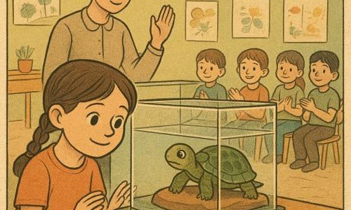 Tibi, o mică broască țestoasă de acvariu cu carapacea verde pătată și ochii mari, apare timida dar curioasă, sprijinită pe o piatră încălzită, făcând trei atingări cu ghearele; Mara, fetiță de 8 ani cu două codițe și zâmbet blând, este în genunchi lângă acvariu cu mâinile pe sticlă și o pancartă galbenă „Curaj” lângă ea; în spate, învățătoarea cu părul strâns în coc stă aplecată, cu voce calmă și o mână ridicată pentru a liniști clasa; copiii stau în semicerc pe scaune joase, atenți și calzi, unii aplaudând ușor; scena se petrece într-o sală de clasă însorită, decorată cu desene și postere, inclusiv un mare poster „Ziua Poveștilor”, atmosfera fiind liniștitoare, solidară și plină de o mică victorie intimă.