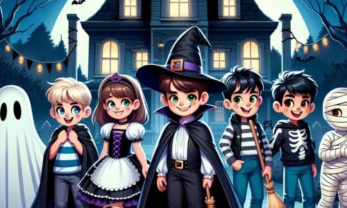 En una noche de Halloween, cinco niños están frente a una vieja casa misteriosa. Lucas, un niño de nueve años disfrazado de vampiro, está en el centro con una sonrisa valiente. A su izquierda, Sofía, disfrazada de bruja, lleva un gran sombrero negro y sostiene un pequeño escobón. A su derecha, Tomás, disfrazado de momia, mira la casa con curiosidad. Clara, vestida de fantasma con una gran sábana blanca, flota ligeramente detrás de ellos, sus ojos brillando de emoción. Finalmente, Casper, un pequeño fantasma amistoso, está al frente, sonriendo y flotando un poco sobre el suelo. La casa oscura y antigua está rodeada de grandes árboles con ramas torcidas y telarañas en las ventanas rotas. La luna llena ilumina la escena, proyectando sombras misteriosas en el suelo. Calabazas esculpidas con caras sonrientes y aterradoras están dispersas alrededor de la entrada. Los niños, algo nerviosos pero entusiasmados, se preparan para tocar la puerta de la casa de la misteriosa Madame Morte, esperando recibir dulces mientras escuchan las historias de Halloween que les cuenta Casper.