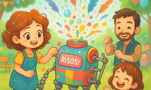 Olívia, menina inventora alegre e travessa de cerca de 12 anos, cabelos cacheados com lápis e fitas, sorri com olhos brilhantes enquanto aperta um grande botão rosa RISOS! de uma máquina maluca; a máquina colorida feita de tambores pintados, com pernas de molas prateadas, braços de andaime com penas de avestruz, solta confetes e bolhas e tem pequenas rodas; Sofia, menina de cerca de 6 anos de vestido vermelho, ri rodeada de penas; Tita, mulher de cerca de 30 anos com cabelos curtos cobertos de confete, segura um pote de cola à esquerda de Olívia; Zeca, homem de cerca de 28 anos com jaqueta de faz-tudo, aperta um parafuso em uma mola atrás da máquina; num parque ensolarado com gramado verde, árvores e bancos coloridos, pessoas, balões e guirlandas, a máquina espirala penas e confetes, pisca e apita, cena movimentada, risonha e levemente caótica.