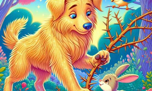 Um cachorro chamado Biscoito, com pelos dourados brilhantes e olhos azuis cintilantes, se posiciona corajosamente diante de um arbusto espinhoso, pronto para ajudar uma coelhinha. Ele tem uma expressão determinada no rosto, mostrando sua vontade de ser um herói. Ao lado dele, uma coelhinha chamada Lili, com orelhas longas e macias, olha para Biscoito com gratidão, seus olhos brilhando de esperança. Um pequeno pássaro azul, Azulito, voa acima deles, cantando alegremente para encorajar seus amigos. A cena se passa em uma floresta encantada, onde as árvores são altas e coloridas, com flores dançando ao vento e uma luz suave filtrando através das folhas. Biscoito, com coragem, empurra suavemente os espinhos para libertar Lili, ilustrando a amizade e a bravura em um momento mágico.
