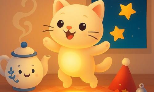 Un gattino-lanterna come protagonista, pelo crema soffice, pancia rotonda che emette una calda luce gialla, felice e saltellante sulla tavola mentre lancia stelline di carta; una teiera antropomorfa di porcellana bianca con decori blu sorride e sprigiona vapore a spirale, posta a sinistra; a destra sulla tavola busta di stelline rosse e oro, una campanella argentata lucida e un buffo cappellino rosso con pon pon come accessori di festa; davanti alla finestra un piatto di biscotti marroni e alcune mandarini arancione su una tovaglia a quadretti rossi illuminati dalla luce del gattino; cucina accogliente con pareti crema, pavimento in legno chiaro e grande finestra su un cielo blu scuro punteggiato di stelle e ghirlande luminose; scena: preparativi per il Capodanno, atmosfera festosa, colori caldi, forme rotonde e tenere.