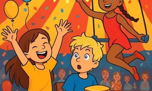Er zijn 3 personages: - Lisa: een 10-jarig meisje met lang bruin haar en sprankelende ogen. Ze draagt een felgele t-shirt en een spijkerbroekshort. Ze staat rechtop, lacht hard en steekt haar armen in de lucht. - Sem: een 10-jarige jongen met rommelig blond haar en een ondeugende glimlach. Hij draagt een blauwe t-shirt en een cargo broek. Hij zit op een stoel en houdt een bord pannenkoeken vast, met grote ogen van verbazing. - Noor: een 10-jarig meisje met gevlochten zwart haar en glanzende ogen. Ze draagt een glinsterend rood trapeze kostuum. Ze hangt aan een trapeze, glimlacht en zwaait naar het publiek met één hand. De setting speelt zich af onder een groot kleurrijk circustent met rode en gele strepen. Sprankelende lichten verlichten het podium, terwijl enthousiaste toeschouwers de houten banken vullen. Multikleurige ballonnen zweven in de lucht en de geur van popcorn en karamel hangt in de lucht. De hoofdscene toont Lisa en Sem die luid lachen terwijl ze naar de performance van Noor kijken, die een spectaculaire acrobatiek in de lucht uitvoert. Noor draait een pirouette terwijl confetti om hen heen valt, wat een feestelijke en vrolijke sfeer creëert.