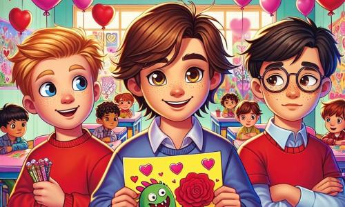 In einem bunten Klassenzimmer stehen vier achtjährige Jungen in der Mitte, umgeben von Valentinstagsdekorationen. Max, ein Junge mit braunen Haaren und funkelnden Augen, lächelt breit und hält eine große, mit Herzen und einem lustigen Monster verzierte Karte. Rechts von ihm lacht Tom mit zerzausten blonden Haaren und einem roten T-Shirt, während er die Zeichnung des Monsters zeigt. Links schaut Leo, ein Junge mit schwarzen Haaren und Brille, neugierig und hält ein kleines Bonbonpäckchen. Schließlich steht Finn, ein Junge mit kastanienbraunen Haaren und Sommersprossen, nervös aber aufgeregt hinter ihnen mit verschränkten Armen.

Das Klassenzimmer ist voller lebendiger Farben, mit rosa und roten Ballons, die von der Decke schweben, Herzgirlanden an den Wänden und Tischen, die mit kleinen Kuchen und Glückwunschkarten bedeckt sind.

Die Jungen bereiten sich darauf vor, ihre Freundin Mia zu überraschen, die an einem benachbarten Tisch sitzt, von ihren Freundinnen umgeben ist und sie mit erstaunten Augen ansieht, gespannt auf ihre Valentinstagsüberraschung.