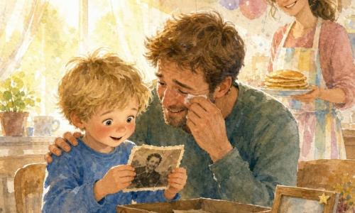 Een 4‑jarig jongetje met warrig blond haar en verlegen glimlach houdt met beide handen een licht gekreukte oude foto vast, verwonderd en trots; zijn vader knielt naast hem, lichte baard, bruine korte haren, veegt een tranen van vreugde weg en legt zacht een hand op zijn schouder; de moeder met lang opgestoken haar en een kleurig schort brengt een bord pannenkoeken en glimlacht vanaf de tafel; het is ochtend in een lichte keuken met houten tafel, eenvoudige tafelkleedjes, geel zonlicht door vitrage en pastelballonnen aan de muur; intieme Vaderdagscène: het jongetje geeft een ingelijste foto met een klein sterstickertje, iedereen lacht zacht; centraal is het vader‑kindduo, zachte pasteltinten met aquareltexturen en fijne gecontroleerde spetters voor een vrolijke toets.