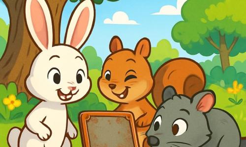 Un pequeño conejo llamado Nico, con un pelaje suave y sedoso de color blanco, grandes orejas erguidas y ojos brillantes de curiosidad, se encuentra frente a una placa antigua y oxidada, con aire decidido y emocionado. A su lado, una pequeña ardilla llamada Lola, con pelaje marrón y una cola esponjosa, mira la placa con una sonrisa traviesa, mientras que un mapache llamado Tomás, con pelaje gris y bigotes temblorosos, se inclina hacia adelante, intrigado y concentrado. El escenario es un parque verde, lleno de árboles majestuosos, flores coloridas y un gran roble de tronco nudoso, bajo el cual se encuentra la misteriosa placa. La escena principal muestra a los tres amigos en plena investigación, examinando la placa con entusiasmo, listos para resolver el misterio de la campana desaparecida.