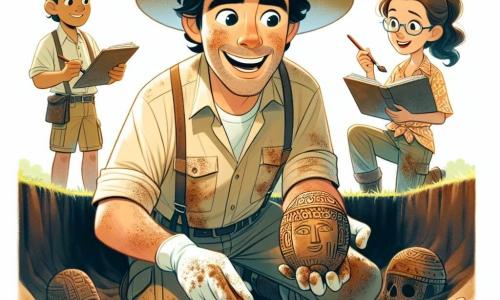 Un hombre, el arqueólogo Javier, está de pie en el centro de la escena, con una sonrisa maravillada en su rostro. Lleva un amplio sombrero de paja, una camisa de manga corta beige y pantalones cargo, todos cubiertos de polvo. Sus ojos brillan de emoción mientras sostiene un pincel en una mano y un trozo de cerámica decorada en la otra, descubriendo un tesoro antiguo. A su lado, una mujer de unos 30 años, llamada Clara, toma notas en un cuaderno. Tiene el cabello castaño recogido en una coleta y lleva gafas de protección. Su expresión es concentrada y entusiasta mientras observa atentamente los hallazgos de Javier. En el fondo, un joven de 25 años, Marco, excava con una pequeña pala, mostrando el esfuerzo que realiza. La escena se sitúa en una antigua ciudad inca, rodeada de montañas bajo un cielo azul. Javier descubre una hermosa cerámica decorada, mientras comienza a llover, lo que amenaza su trabajo. La emoción y la urgencia se mezclan en el aire mientras el equipo se apresura a proteger sus valiosos hallazgos.