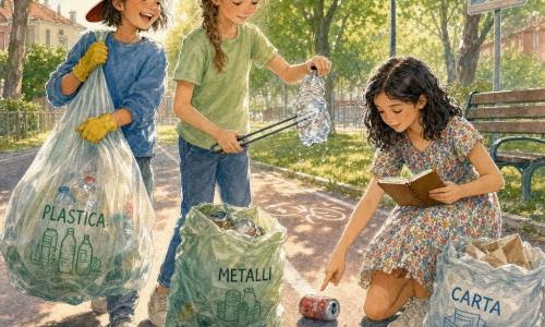 Ci sono 3 ragazze: Ada, 11 anni, capelli castano chiaro in una treccia sciolta, camicia verde pallido e jeans, tiene delle pinze e osserva una piccola bottiglia schiacciata al centro dell'immagine; Mina, 11 anni, pelle leggermente abbronzata, taglio corto e berretto rosso inclinato, felpa blu e guanti gialli, ride e porta una borsa di raccolta di plastica semiaperta sulla spalla, a sinistra di Ada; Giulia, 12 anni, capelli neri ondulati sulle spalle, vestito a fiori e quaderno marrone in una mano, prende appunti con una matita e indica una lattina a terra, a destra di Ada. Luogo: pista ciclabile di quartiere accanto a un piccolo parco, asfalto con una striscia bianca, prato verde, alberi primaverili, panchina di legno, lampione antico e cartello comunale; alcuni rifiuti colorati ma atmosfera luminosa e tranquilla. Situazione: le tre raccolgono rifiuti separando plastica e metalli in sacchi etichettati, gesti concentrati e solidali; luce dorata del tardo pomeriggio con ombre lunghe, gocce d'acqua su una bottiglia che riflettono il cielo; resa in acquerello con toni morbidi e tocchi di bianco per i riflessi e i contorni.