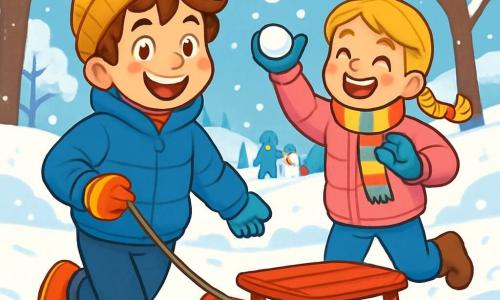 Ein 12-jähriger Junge namens Jonas mit zerzausten braunen Haaren und kalten, rosigen Wangen lächelt fröhlich, während er seinen leuchtend roten Schlitten über den funkelnden Schnee zieht. Er trägt eine dicke blaue Jacke, eine gelbe Wollmütze und bunte Handschuhe, seine Augen leuchten vor Aufregung. Neben ihm steht seine 10-jährige Schwester Mia mit geflochtenen blonden Haaren und einem strahlenden Lächeln, die lachend Schneebälle wirft, gekleidet in einer rosa Daunenjacke und einem gestreiften Schal. Der Park ist bezaubernd, mit majestätischen Bäumen, die mit Schnee bedeckt sind, sanft fallenden Schneeflocken vom hellblauen Himmel und perfekten weißen Hügeln zum Rutschen. In der Ferne bauen Kinder einen Schneemann und bringen Leben in diese Winterlandschaft. Die Hauptsituation zeigt Jonas und Mia, die zusammen Spaß haben und bereit sind, mit ihrem Schlitten zu rutschen, umgeben von der Magie des Winters und dem Echo ihres Lachens in der frischen Luft.