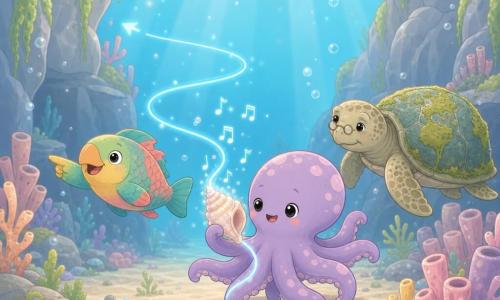 Ottavio, giovane polpo color lavanda con macchie rosa pallido e otto tentacoli morbidi, tiene nella tentacolo una conchiglia a spirale madreperlacea che emette una sottile linea luminosa blu; ha un'espressione gioiosa e concentrata. Pinna, pesce pappagallo vivo e sorpreso con scaglie verdi, gialle e corallo, nuota a sinistra indicando la direzione con il becco e sorridendo. Zaffira, anziana tartaruga marina saggia dalla corazza rugosa ricoperta di alghe simili a mappe, osserva lievemente più indietro a destra. Ambientazione: fondale marino tra due rocce lisce coperte da tende di alghe verdi, colonne di corallo pastello, sabbia con ciottoli lucenti e qualche bolla, raggi azzurri filtranti dalla superficie. Situazione: Ottavio segue la conchiglia come una bussola; la conchiglia scintilla e proietta piccole note musicali disegnate; atmosfera dolce e avventurosa, composizione semplice, forme arrotondate, colori pastello, illuminazione soffusa in stile kawaii minimalista.