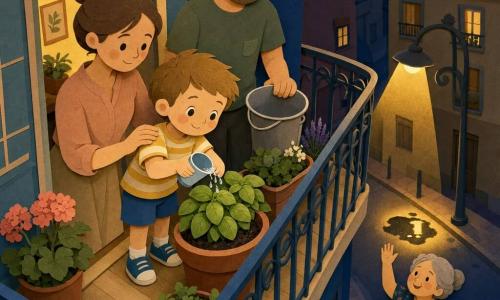 A calm 4-year-old boy with a round face and gentle smile waters a bright basil plant with reused water, holding a small cup with both hands as fine drops make soft "plip" on dark soil; behind him on a small apartment balcony at night his mother (about 30, hair in a bun, hand on his shoulder) watches proudly, his father (about 35, short beard, simple t-shirt) stands nearby with an empty bucket, and below a neighbor (Mrs. Amina, ~50, gray hair in a bun, floral dress) waves from the sidewalk; light wood floor, painted metal railing, warm yellow streetlight puddle and building windows in the blue night complete the cozy, warm interior / cool exterior scene.