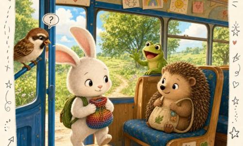 Milo is a small white rabbit with big soft ears and round mischievous eyes, smiling shyly and holding a small multicolored knitted pouch to his chest as he boards a blue bus. Beside him, a round hedgehog with brown quills looks kind and focused, carrying a fabric bag and sitting opposite Milo. A green frog with bright eyes sits on the windowsill laughing, pressing a foot to the glass to watch the passing landscape. A beige-and-brown sparrow near the door watches Milo curiously. The bus interior is warm: light wooden seats, wide windows with golden light, children's drawings and leaf garlands; outside is a green meadow with trees, a dirt path and a blue sky with fluffy clouds. The scene captures a tender moment of friends boarding together, laughing and sharing, with soft colorful textures (wool, wood, feathers) in a pastel-saturated graphic style, rounded lines and doodle overlays of leaves, hearts and arrows to emphasize warmth and community.