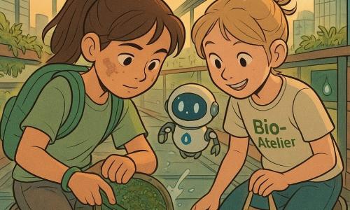 Mara, 12 ani, concentrată, obraji cu urme de pământ, coadă de cal, rucsac verde și brățară strălucitoare, este ghemuită pe o pasarelă suspendată și spală sub un jet de apă un filtru rotund acoperit de alge; Daria, ~13 ani, zâmbitoare, păr blond strâns în coc, tricou „Bio-Atelier”, ține o plasă mică de rezervă și o ajută; M-6, robot mic rotund alb cu LED-uri albastre și brațe-cleste, plutește în spate afișând un pictogramă pâlpâitoare de picătură; locul: pasarelă lată cu pardoseală parțial transparentă care arată conducte și cabluri, jardiniere cu plante căzătoare, balustrade din lemn compozit cu ecrane de umiditate, turnuri vitrate și cer urban; situația: reparație de urgență a unui filtru de irigare înfundat cu microgranule albăstrui, gesturi precise și cooperative, stropi de apă, frunze ofilite revenind la viață, atmosferă tehnologică caldă la apus; stil grafic: culori calde și verde-pale, linii rotunjite, texturi de pământ și metal ușor uzat, lumini moi în fundal.