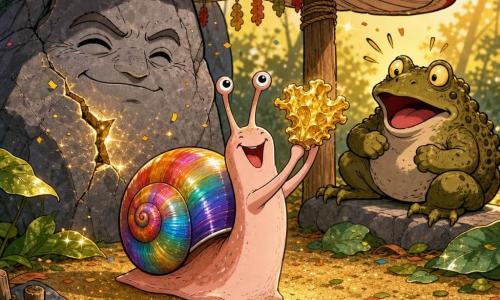 Una grande lumaca antropomorfa chiamata Sansuga, corpo rosa pallido e grande conchiglia arcobaleno lucida, sorride trionfante con le antenne alzate, tiene tra i tentacoli un piccolo pezzo di lattuga dorata scintillante e siede davanti a una roccia; a destra un grosso rospo anfibio verde oliva dagli occhi tondi e sorpresi ha appena fatto due salti gioiosi ed è su una pietra bassa; a sinistra un masso burbero con una piccola fessura da cui esce una luce dorata mostra un'espressione soddisfatta ed è dietro Sansuga; la scena è un piccolo dojo naturale sotto un grande fungo rosso a pois bianchi, su un tappeto di foglie verdi lucide e sabbia fine scintillante, luce calda di tardo pomeriggio, atmosfera di vittoria comica con espressioni esagerate stile fumetto, colori saturi e texture lucide sulla conchiglia.