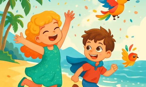 There are two main characters: Mia, an 8-year-old girl with curly golden hair wearing a sparkling green dress adorned with glitter, joyfully dancing on the sand with her arms raised to the sky, and Leo, an 8-year-old boy with messy brown hair dressed in a blue cape that floats behind him, smiling widely as he runs after Mia, his eyes sparkling with excitement. The main setting is a sunny beach lined with lush palm trees, where ocean waves shimmer under the sun, creating golden reflections. In the background, gentle mountains outline a clear blue sky, while colorful confetti flies in the air, adding a festive touch to the atmosphere. The main scene shows Mia and Leo dancing and laughing on the sand, chasing a small magical creature with vibrant feathers, the Carnavalito, which joyfully leaps towards the sea, leaving a trail of sparkling light behind.