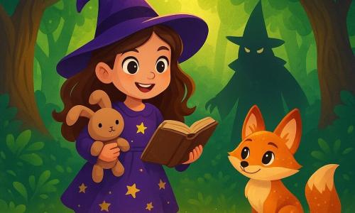 A young apprentice witch, Elara, around 10 years old, stands at the center of the scene. She has long wavy brown hair, sparkling curious eyes, and wears a purple dress adorned with golden stars. Her face expresses joyful determination as she holds an old magic book in one hand and a small stuffed animal, Binky the rabbit, in the other. Beside her, Luna, a magical little fox with bright eyes and shimmering fur, encourages her with a friendly look, ready to help her on her adventure. The setting is an enchanted forest, with gigantic trees having gnarled trunks and luminous leaves that seem to whisper secrets. Rays of light filter through the foliage, creating a magical and mysterious atmosphere. Elara and Luna are preparing to cross a shimmering bridge made of light that stretches over a dark chasm. The main situation shows Elara, full of courage, ready to face the illusions of the bridge, while threatening shadows loom in the background, suggesting the presence of Malvorn, the evil wizard.