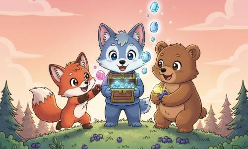 Lenny, a young anthropomorphic wolf with a round face and big bright eyes, looks amazed and smiling while holding an open wooden chest spilling luminous blue and silver stones; Flora, a small red fox with a bushy tail, joyfully leaps left of Lenny toward a glowing pink stone; Benny, a chubby brown bear cub, kneels to Lenny’s right with an enthusiastic smile gathering blueberries and a sparkling yellow stone; they stand atop a hill of purple blueberry bushes and green leaves at sunset under a pink-orange sky with pine forest in the background, warm magical atmosphere, saturated colors, soft expressive lines and gentle light making the stones glitter, composition centered on the friends around the chest.