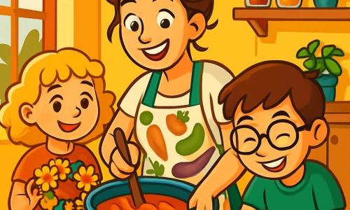 Clara, uma mulher de cerca de trinta anos, sorridente e cheia de energia, usa um avental colorido com estampas de legumes. Seus cabelos castanhos estão presos em um coque bagunçado, enquanto ela mistura uma grande panela de molho de tomate, seus olhos brilhando de alegria e criatividade. Ao seu lado, Ana, uma menina de 8 anos com cabelos loiros cacheados, segura uma coroa de flores comestíveis que colheu, seu rosto radiante de orgulho. Tiago, um menino de 9 anos com óculos e cabelos castanhos, está inclinado sobre uma mesa, cortando tomates dourados com concentração, um grande sorriso no rosto. A cena acontece em uma cozinha acolhedora e colorida, com paredes pintadas de amarelo vivo, prateleiras cheias de potes de especiarias e legumes frescos dispostos sobre a bancada de madeira. A luz do sol entra pela janela, iluminando o espaço de forma alegre. A situação principal mostra Clara e as crianças preparando um prato especial, cercados por ingredientes coloridos e risadas, criando juntos um momento mágico e acolhedor, repleto de criatividade e compartilhamento.