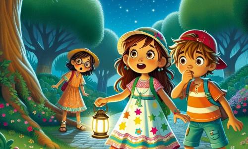Uma menina de 12 anos, Luísa, com longos cabelos castanhos e olhos brilhantes de curiosidade, está no meio de um parque sob um céu estrelado. Ela usa um vestido colorido e sandálias, exibindo um grande sorriso de empolgação enquanto observa uma sombra misteriosa à distância. Ao seu lado, seu amigo João, um menino de 11 anos com cabelos loiros bagunçados e um boné vermelho, segura uma lanterna e observa com espanto a mesma sombra. Clara, uma menina de 12 anos com cabelos castanhos e óculos redondos, está um pouco afastada, parecendo um pouco preocupada, mas intrigada, mordendo o lábio inferior. O parque é iluminado pela suave luz da lua, com majestosas árvores de folhas verdes e flores coloridas ao longo do caminho. Ao longe, um grande carvalho se ergue, e uma leve brisa faz as folhas dançarem. A situação principal mostra Luísa e seus amigos em plena investigação para descobrir o mistério da silhueta que se move furtivamente entre as árvores, com seus corações batendo de empolgação e apreensão.