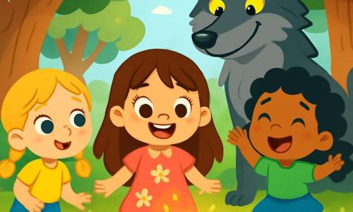 Hay 4 personajes: - Ana: una niña de 4 años, con largos cabellos castaños y ojos brillantes. Lleva un vestido rosa con flores. Está en el centro, sonriendo y llena de energía. - Lía: una niña de 4 años, con trenzas rubias y ojos azules. Lleva una camiseta amarilla y un short de mezclilla. Está ligeramente adelante a la izquierda, mirando con curiosidad. - Sofía: una niña de 4 años, con cabello rizado negro y ojos marrones. Lleva una falda azul y una camiseta verde. Está a la derecha, saltando de emoción. - El Gran Lobo: un gran lobo gris, con pelaje suave y ojos amarillos penetrantes. Está detrás de las niñas, con una sonrisa amistosa, mostrando que no es amenazante. El lugar se desarrolla en un bosque encantado, con árboles majestuosos y hojas verdes brillantes. Flores coloridas con pétalos brillantes están esparcidas por el suelo, y una luz suave filtra a través de las ramas, creando un ambiente mágico. La situación principal muestra a las niñas descubriendo una floración luminosa en el centro de la escena, mientras el Gran Lobo las observa con una expresión benevolente. Las niñas ríen y se maravillan, mientras la magia del lugar las envuelve, simbolizando la amistad y la aventura.
