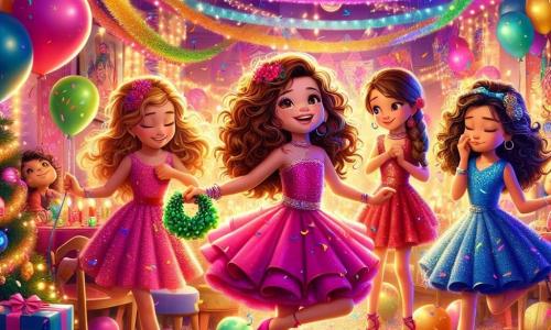 Quatro meninas de dez anos estão em uma sala de festa colorida, cercadas por decorações brilhantes. Clara, com cabelos castanhos e cacheados, usa um vestido rosa e dança alegremente no centro. À sua direita, Sofia, com cabelos loiros e lisos, veste um vestido azul e segura um saco de uvas verdes, pronta para fazer um pedido à meia-noite. À esquerda, Ana, com cabelos castanhos e ondulados, usa um vestido vermelho e olha timidamente para seu crush ao fundo, enquanto se prepara para compartilhar seu desejo. Por fim, Beatriz, com cabelos negros e uma trança, está vestida de roxo e desenha resoluções em um grande papel colorido, sentada no chão, cercada de confetes. A sala está decorada com serpentinas coloridas, balões e uma enorme faixa 