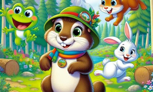 Uma marmota chamada Marlene, com pelagem marrom suave e olhos brilhantes de curiosidade, está no centro da cena, sorridente e cheia de entusiasmo, usando um pequeno chapéu de explorador e um lenço colorido ao redor do pescoço. À sua direita, um sapo chamado Samuel, verde vibrante com grandes olhos redondos, salta alegremente, enquanto à sua esquerda, uma coelha chamada Clara, com orelhas longas e pelagem branca brilhante, faz piruetas rindo. Ao fundo, uma floresta encantada se estende, com árvores altas de folhas verdes vibrantes, flores coloridas espalhadas pelo chão e um céu azul com nuvens fofas. A cena principal mostra Marlene e seus amigos em uma competição de corrida de obstáculos, rindo e se divertindo, enquanto Samuel tenta pular sobre um tronco de árvore e Clara se prepara para fazer um salto acrobático.
