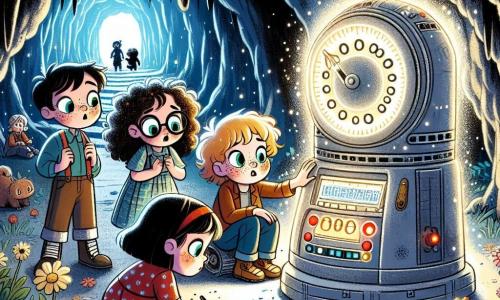 En una cueva misteriosa, cuatro amigos están juntos, iluminados por la luz de una máquina del tiempo brillante. Clara, una niña de 10 años con cabello rizado y gafas redondas, observa la máquina con asombro. A su lado, Tomás, un niño de 11 años con cabello rubio y pecas, presiona un botón rojo con emoción. Sofía, una niña de 9 años con cabello largo y negro, dibuja entusiasmada en su cuaderno, rodeada de flores coloridas cerca de la entrada de la cueva. Finalmente, Lucas, un niño de 10 años con cabello castaño y ojos verdes, se inclina hacia adelante, observando a un pequeño dinosaurio que se acerca, con una sonrisa maravillada. La cueva es oscura y misteriosa, con paredes cubiertas de símbolos antiguos que brillan levemente. En el centro, la máquina del tiempo de metal plateado, adornada con botones de colores y luces intermitentes, crea una atmósfera mágica. Los amigos acaban de descubrir la máquina del tiempo y están a punto de activarla para viajar a la prehistoria, donde esperan encontrar dinosaurios. La emoción y la anticipación se reflejan en sus rostros mientras se preparan para vivir una aventura increíble.