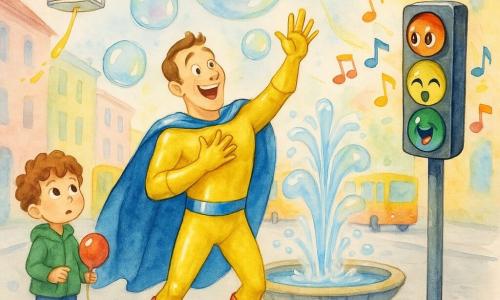 Un hombre adulto, el Capitán Brillo, sonriente y sorprendido, con capa azul brillante, botas rojas y traje amarillo ajustado, mano en el corazón y la otra alzada hacia una fuente que hace burbujas gigantes; a la izquierda, un niño de unos 5 años de cabello rizado castaño y chaqueta verde mira boquiabierto desde la acera sosteniendo un pequeño globo rojo; sobre la escena vuela un dron blanco y redondo con hélices visibles y una caja transparente llena de panqueques que deja una leve estela de jarabe; a la derecha, un semáforo antropomórfico y colorido con ojos y pequeña boca cantarina está en un poste, vibrando y emitiendo notas musicales de colores; la calle de Brillópolis es ancha y empedrada de gris claro, flanqueada por edificios pastel y autobuses coloridos al fondo, con una gran fuente central que lanza burbujas translúcidas con reflejos arcoíris; escena principal: cómica y alegre con el superhéroe observando la fuente, el dron entregando panqueques y el semáforo cantando, con salpicaduras acuareladas controladas alrededor de las burbujas y las notas musicales.