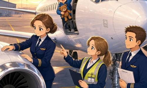 Captain Maya, a calm, kind female pilot with brown hair in a bun and a gentle smile, wearing a white pilot shirt, navy jacket and wing badge, lightly touches the airplane wing while checking the engine; beside her to the right stands Ben, a young male co-pilot in his mid-20s with short hair and a relaxed smile holding a paper checklist near the landing gear; Lina, a ground crew woman in her 30s wearing a yellow reflective vest and holding a clipboard, stands in front of the nose pointing at a spot on the fuselage and checking the wing lights; a small boy of about five with a brown teddy and a stray lock of hair waves from near a boarding door; the scene shows a large shiny white aircraft on smooth tarmac with wide wings and chrome engines at dawn, warm morning light, and a calm, attentive preflight inspection atmosphere of teamwork.